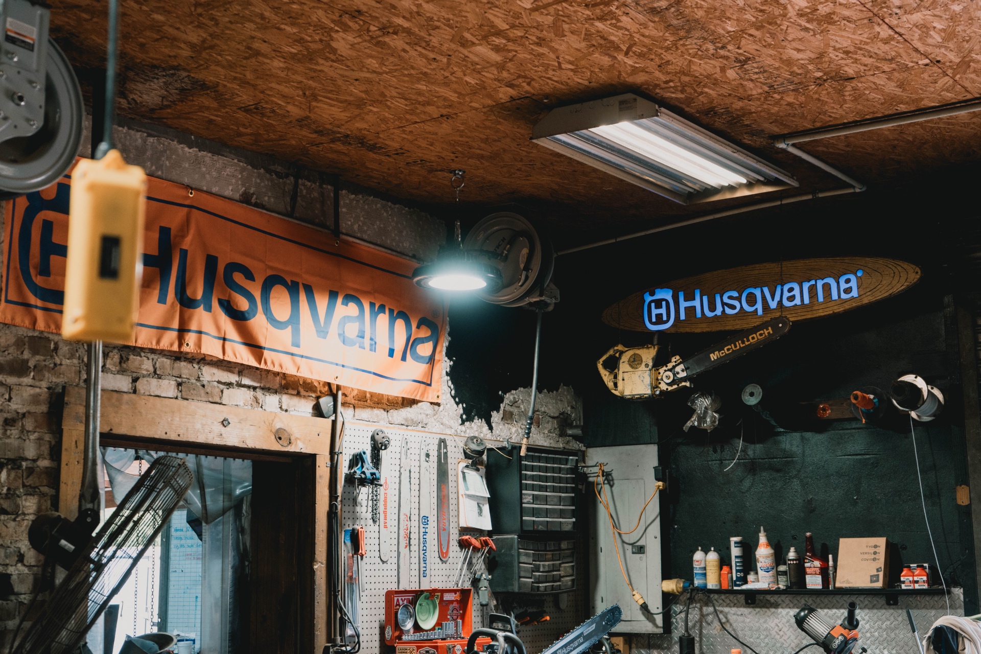 Husqvarna banner and signage inside the Easom service shop